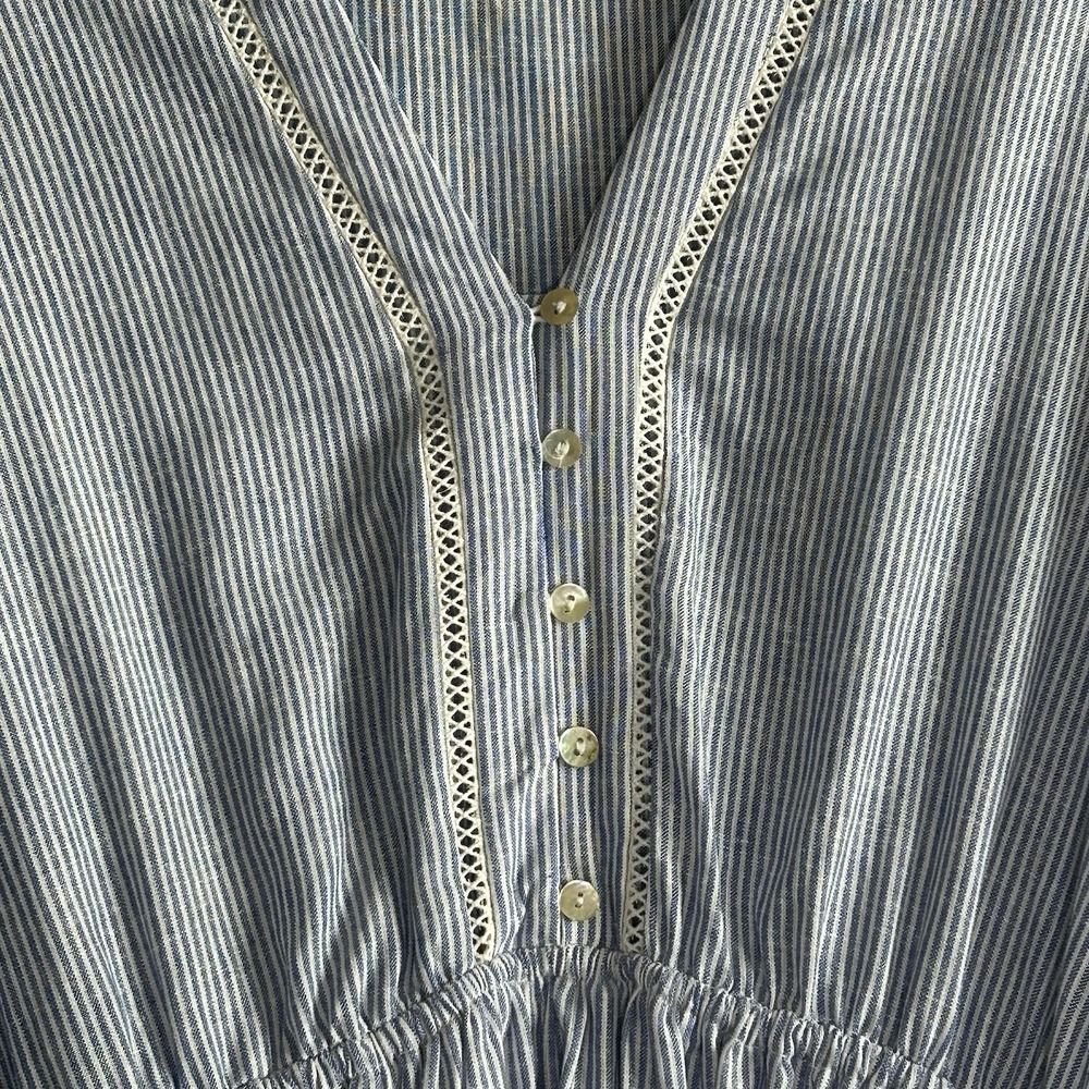 Zara Long Sleeve Linen Blend Dress - Blue White Striped V-Neck  - Womens LARGE - Picture 6 of 14